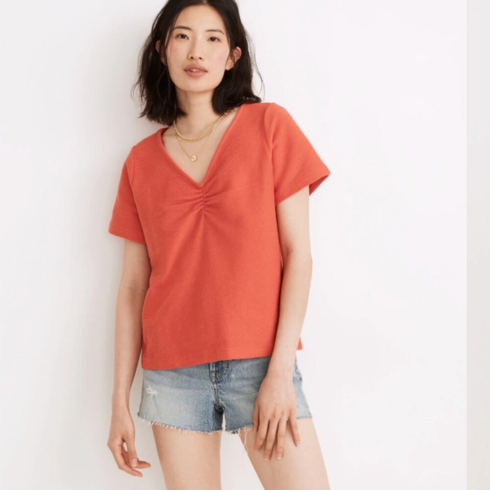 Madewell Ottoman Jacquard Ruched-Front Top - Size S, Blood Orange